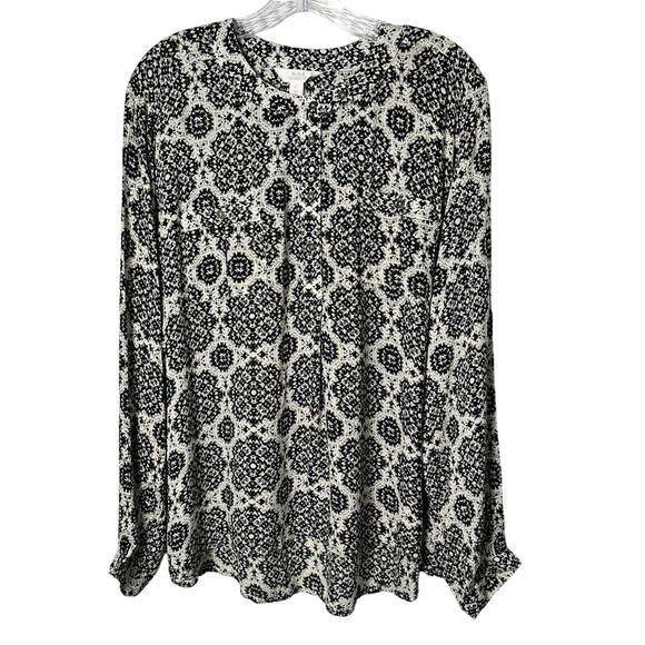Sun & Shadow Tops - Sun & Shadow Women’s Beige Black Print Long Sleeve Top Hi-Lo Boho Size Large